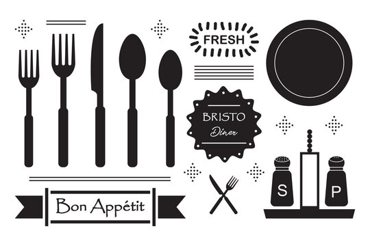 Black silhouette retro cutlery, salt and pepper shakers and bistro label icons set on white background