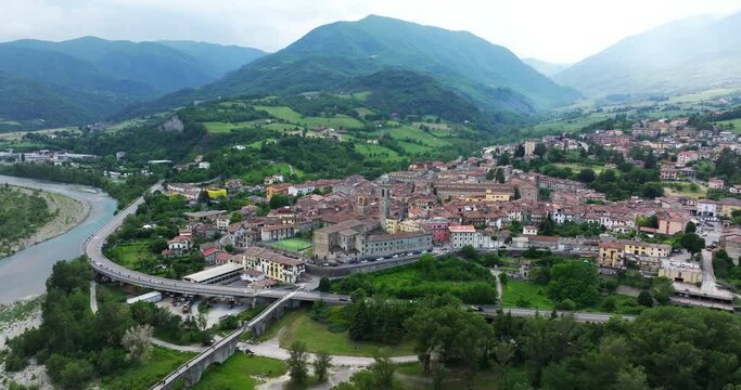 Bobbio village in Val Trebbia, Piacenza province in Italy. Aerial drone panoramic view 