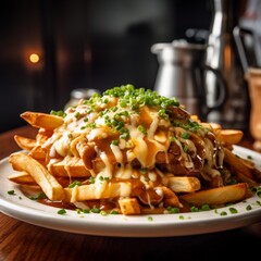 Canadian Poutine in a Cozy and Inviting Bar Scene Generative AI