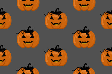 Halloween seamless pattern with hand drawn pumpkin shapes on gray background. Design for clothing, rugs, textiles, batik, embroidery, gift wrap.