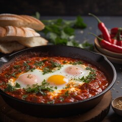 Spicy Close-up Shot of Israeli Shakshuka Generative AI