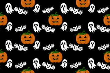 Halloween seamless pattern with hand drawn pumpkin shapes on gray background. Design for clothing, rugs, textiles, batik, embroidery, gift wrap.