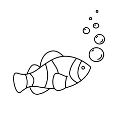 Tropical clown fish with air bubbles outline contour doodle drawing coloring page design element