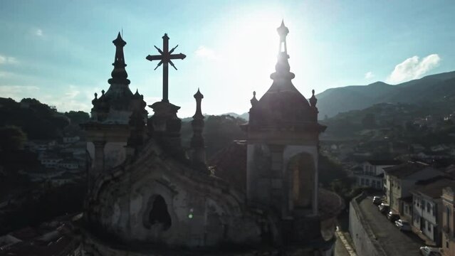 Aerial Shot of Cathedral in Ouro Preto, Brazil. 4K Drone