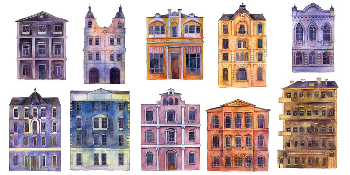 watercolor drawing vintage buildings, mansion, old houses isolated at white background, hand drawn illustration