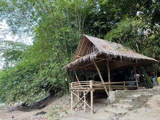 And old and vintage hut made from bamboo tree and straw in bamboo forest