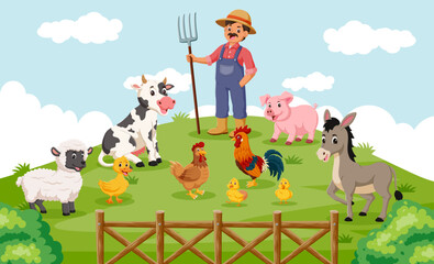 Farm Scene With Cartoon Animals. Vector illustration