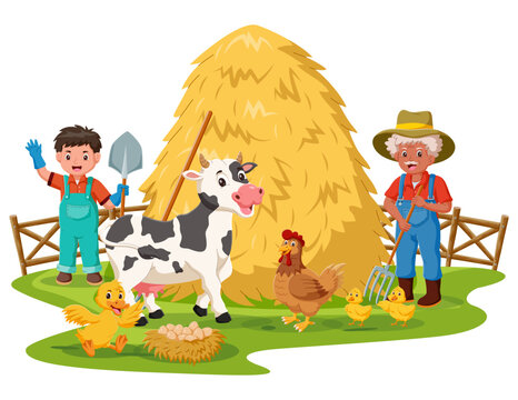 Illustration Of Kid farmer and old farmer. Farm Scene With Cartoon Animals. Vector illustration