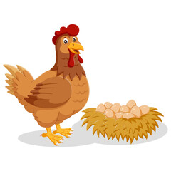 Cartoon Chicken Posing With Eggs. Vector illustration