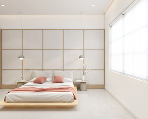 Modern japan style bedroom decorated with white cloth wall and minimalist bed, hanging lamp and bed side table. 3d rendering