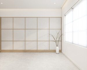 Modern japan style empty room decorated with white cloth wall and white vase flowers. 3d rendering