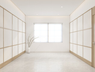 Modern japan style empty room decorated with white cloth wall and white vase flowers. 3d rendering