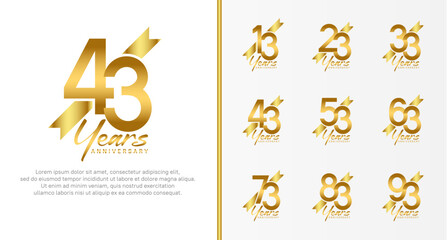 set of anniversary logo gold color number and golden ribbon on white background for celebration