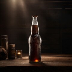 Classic glass bottle of dark brown soda with frosted condensation layer Generative AI