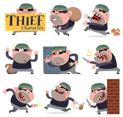A fun and expressive cartoon-style illustration featuring a mischievous thief character in various poses and situations