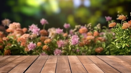 Fototapeta na wymiar Wooden board empty table top and blur flower garden background 