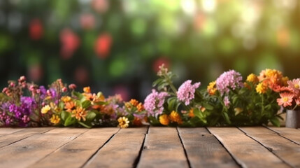 Wooden board empty table top and blur flower garden background 