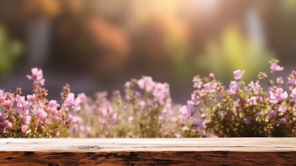Obraz premium Wooden board empty table top and blur flower garden background 