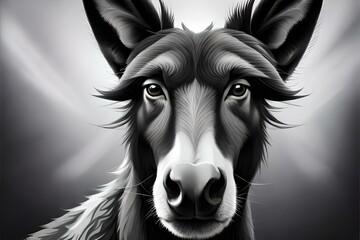 A black and white image of a cute donkey. (AI-generated fictional illustration)