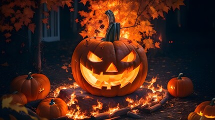 Illustration of a halloween pumpkin on fire, AI generative