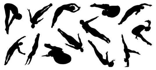 silhouettes of diving people - obrazy, fototapety, plakaty