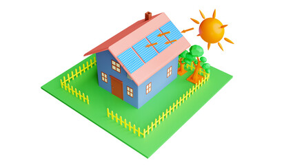 3d Rendering House with solar panels on the roof and sun illustration concept Helping to reduce global warming and cost savings transparency