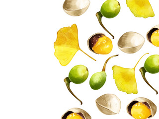 手描き水彩の銀杏イラスト長方形フレーム・右