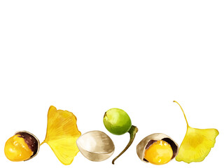 手描き水彩の銀杏イラスト長方形フレーム・下