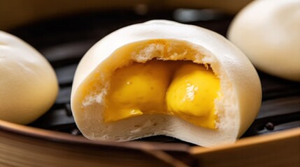 Salted egg yolk steamed bun. Generative AI. - obrazy, fototapety, plakaty