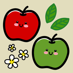red and green apple cartoon drawing with smile face vector.