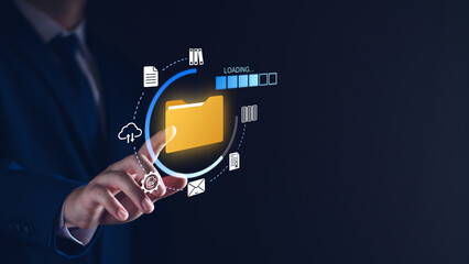 Document management and network system concept. Businessman use smart tablet loading documents in online archives ,Document management Storage and technology on digital document paperless operation.