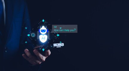 Chat bot concept. AI, Artificial Intelligence. businessman using technology smart robot chat AI, enter command prompt, Questions and Answers, analyze various data, Futuristic technology transformation