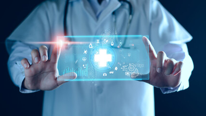Medicine doctors diagnosis and  take note electronic medical record. DNA. Digital healthcare and network connection on hologram modern virtual interface, medical technology and futuristic concept.