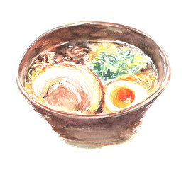 水彩で描いた醬油ラーメンのイラスト