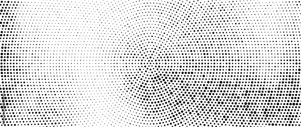 Poster Radial halftone dots. Spotted and dotted gradient background. Concentric stains texture with fading effect. Black and white rough wallpaper. Grunge monochrome geometric backdrop. Vector