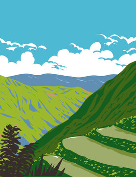 WPA poster art of rice terraces in Balbalasang-Balbalan National Park or Mount Balbalasang located in Balbalan, Kalinga in the Cordillera Administrative Region, Philippines done in Art Deco style.