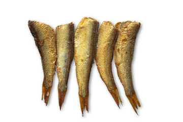 Several smoked fish sprats isolated on transparent background. Canned fish, top view.