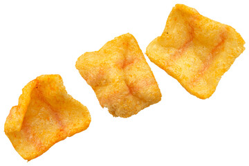 Several potato chips isolated on transparent background.