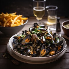 Belgium Moules-frites (Mussels and Fries) in a Lively Seafood Market Scene