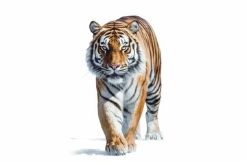 Tiger walking on white background. Generative AI technology.