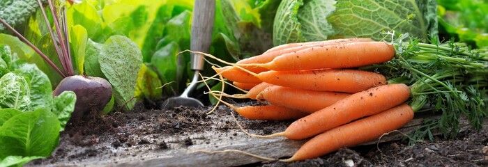 close up on a beautiful bush of fresh carrots put on a dirty plank on the soil in a vegetable garden