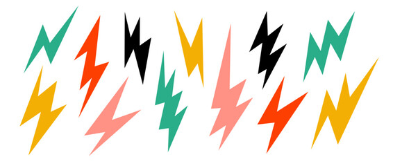Colorful lightning bolt set. Bright thunderbolt collection. Flash symbols in cartoon colors. Lightning strike signs. Vector illustration 