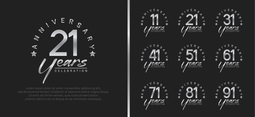 set of anniversary logo silver color number and silver text on black background for celebration