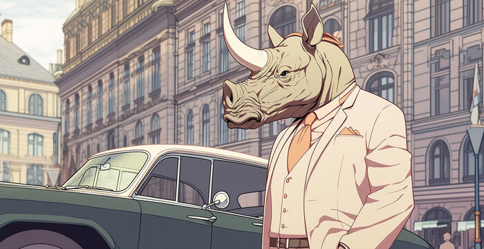 Rhino in business suit in European city, created with generative AI.