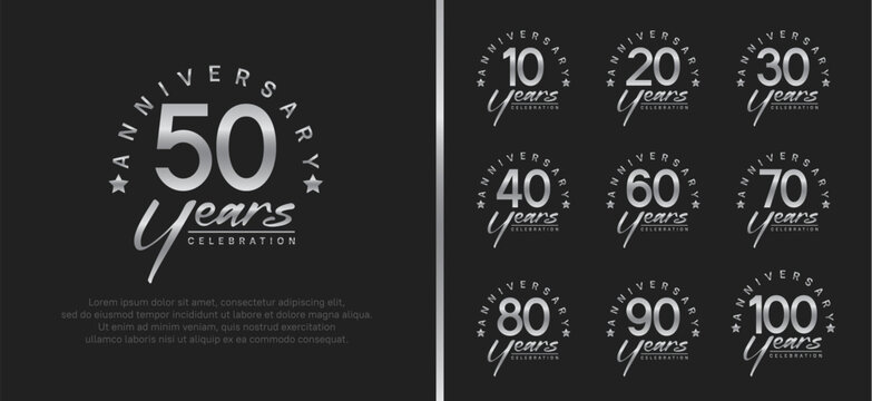 set of anniversary logo silver color number and silver text on black background for celebration