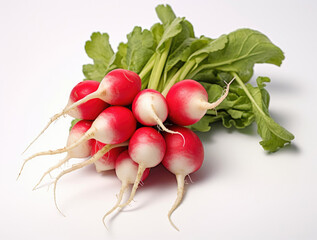 Bunch of radishes with green leaves on a white background