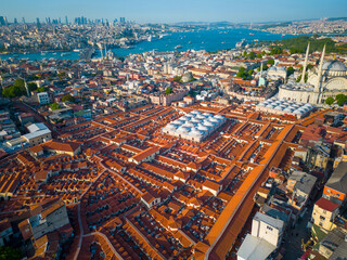 Grand Bazaar aerial view in Fatih district in historic city of Istanbul, Turkey. Historic Areas of Istanbul is a UNESCO World Heritage Site since 1985.  