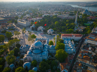 Beyazit Mosque and Istanbul University aerial view at sunset on Beyazit Square in historic city of Istanbul, Turkey. Historic Areas of Istanbul is a UNESCO World Heritage Site since 1985.   - obrazy, fototapety, plakaty