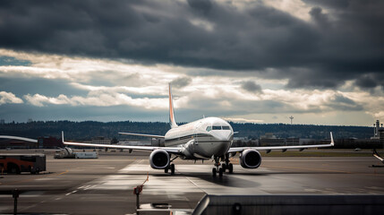 Fototapeta na wymiar Airplane, view from airport terminal, traveler concept, generative ai