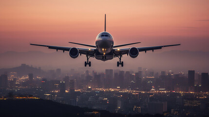 Fototapeta na wymiar Airplane flying above tropical sea at amazing sunset, generative ai
